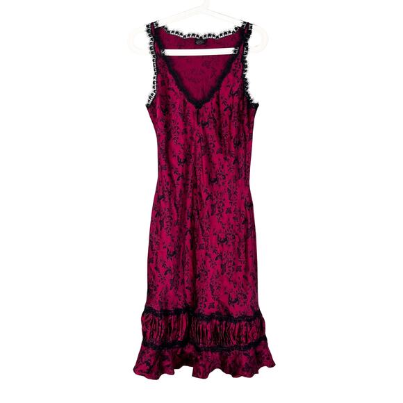 Pfiff Dresses & Skirts - Y2K Silk Slip Dress Magenta Black Lace Butterfly Print Ruffle Hem Vintage
